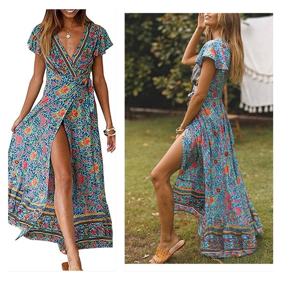 High Waist Floral-Print Off-Shoulder Side Split Bohemia Beach Dress main image 1